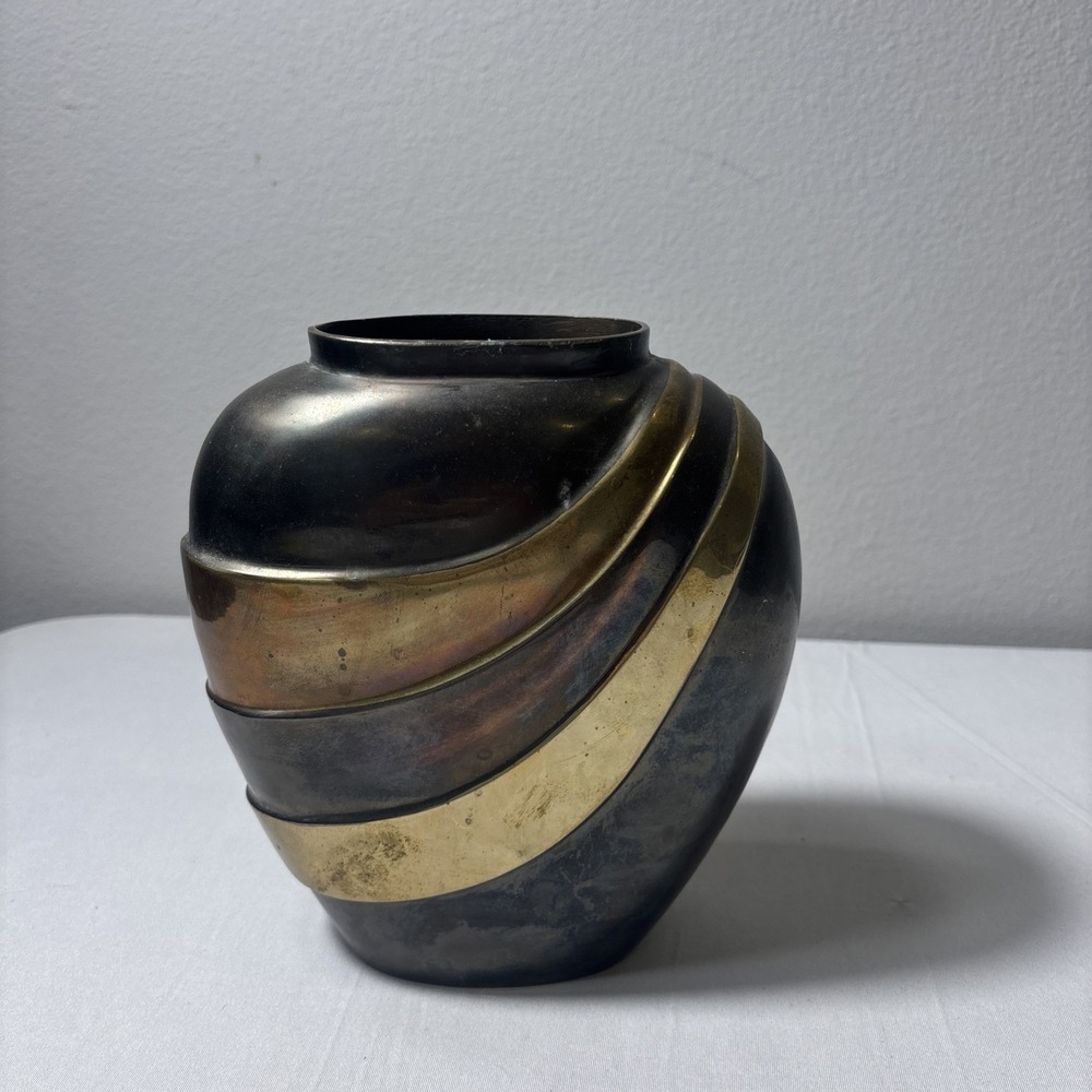Vintage Heavy Brass Two Tone Design Vase Art Deco Style India